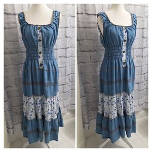 Lapis Blue Floral Patchwork Tiered Maxi Dress Size Medium